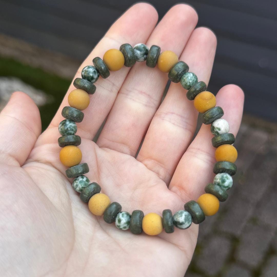 Green Tree Agate & Australian Yellow Mookaite Gemstone Beaded Bracelet