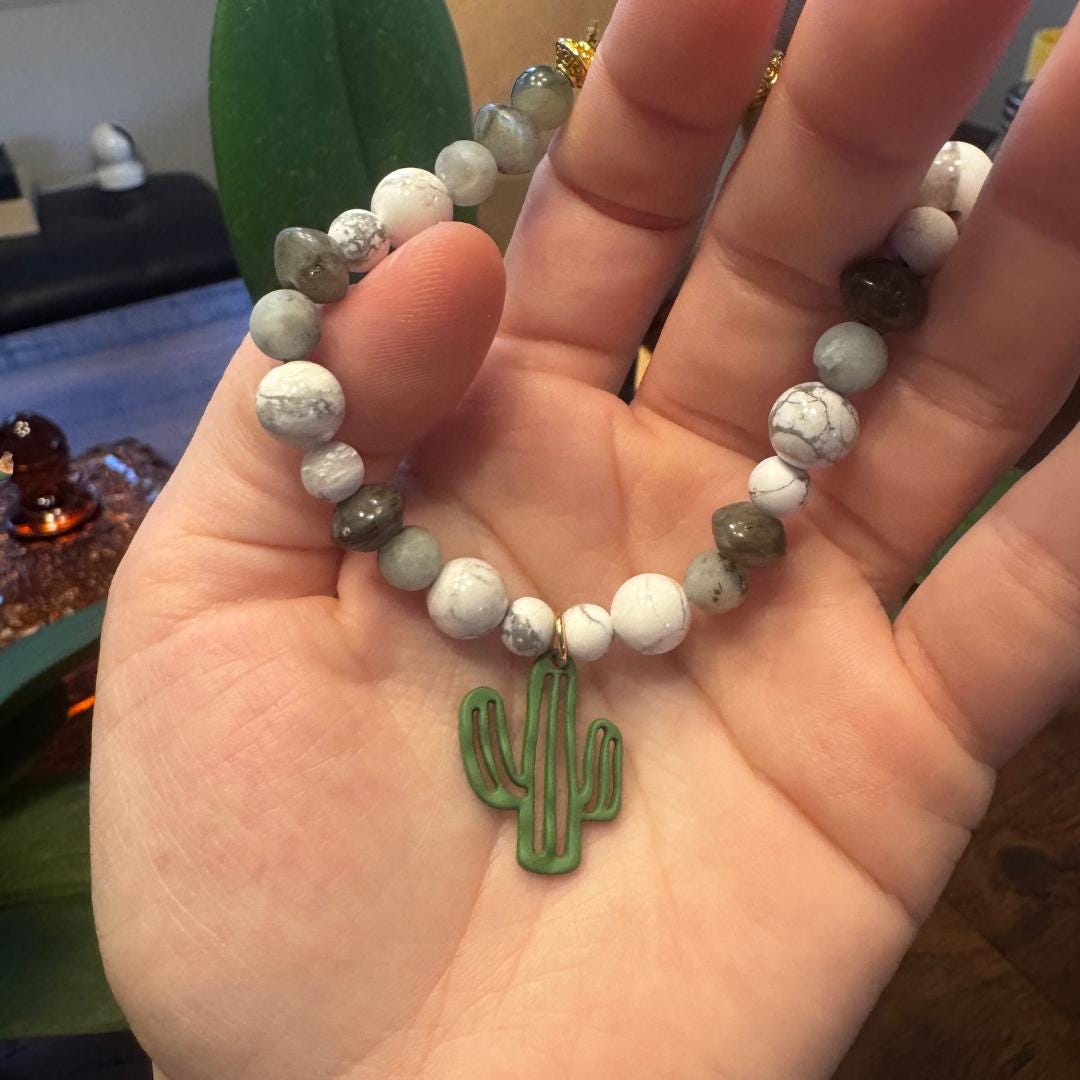 Howlite, Kiwi Jasper, Labradorite & Seaweed Quartz Beaded Gemstone Bracelet with Cactus Charm