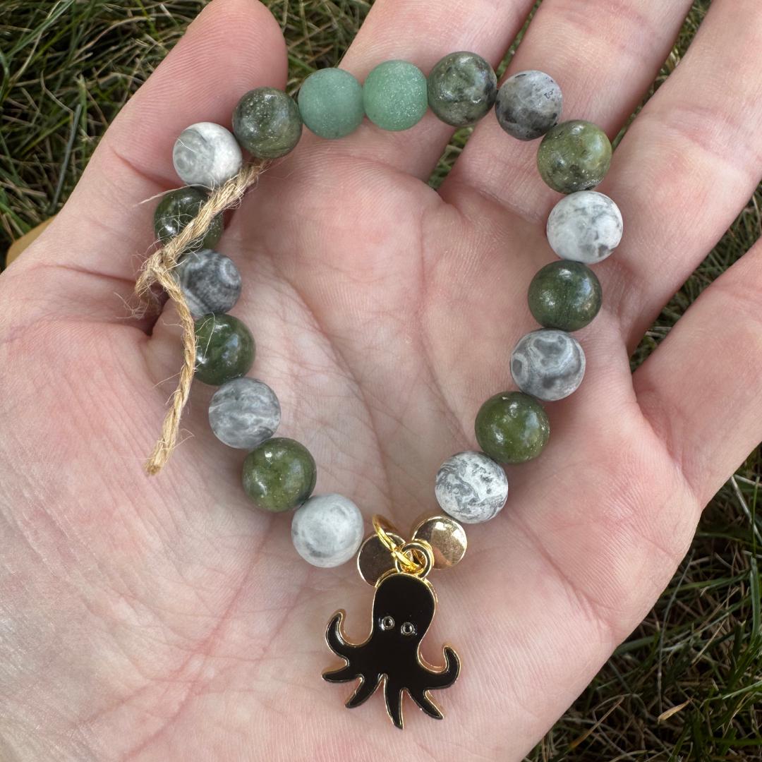 Serpentine & Aventurine Beaded Gemstone Bracelet w/ Squid Charm