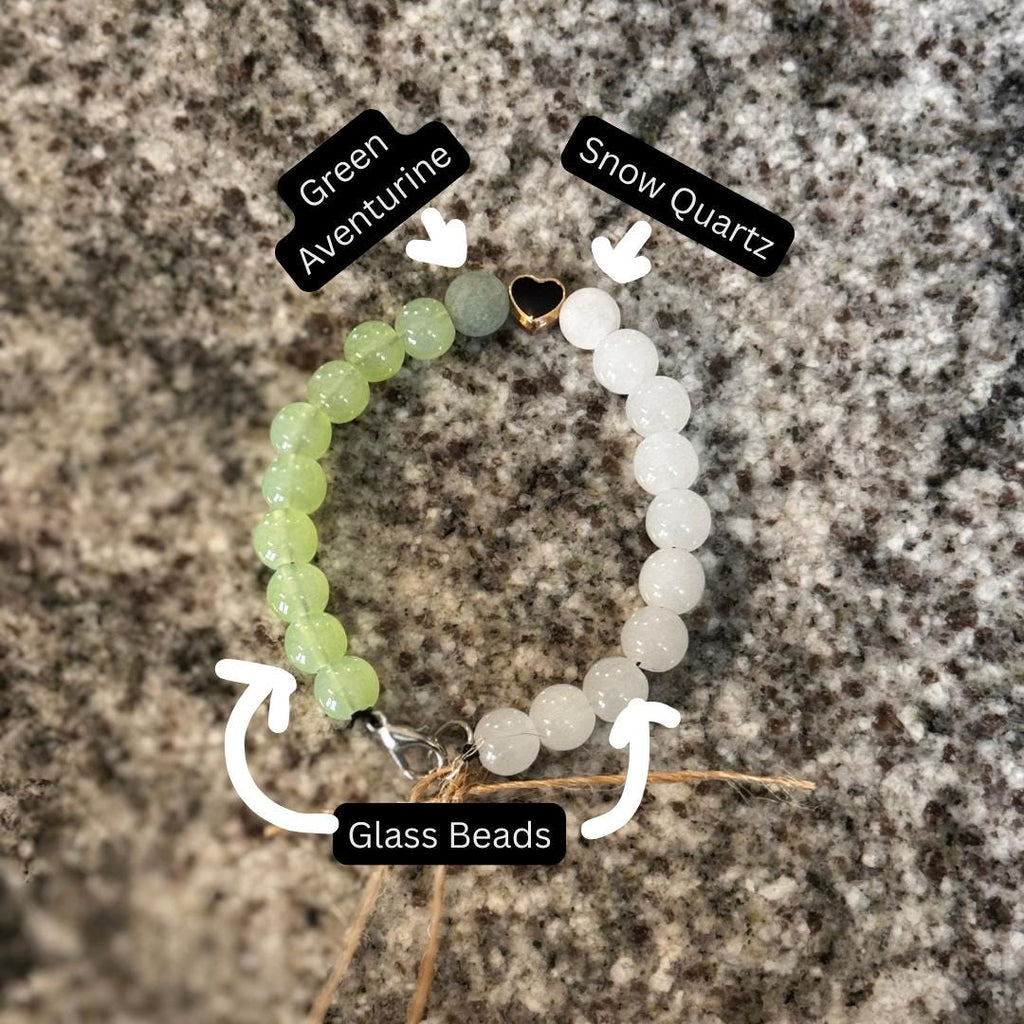 Snow Quartz & Green Aventurine Gemstone Bracelet with Heart Charm