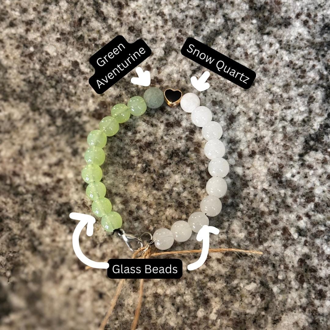 Snow Quartz & Green Aventurine Gemstone Bracelet with Heart Charm