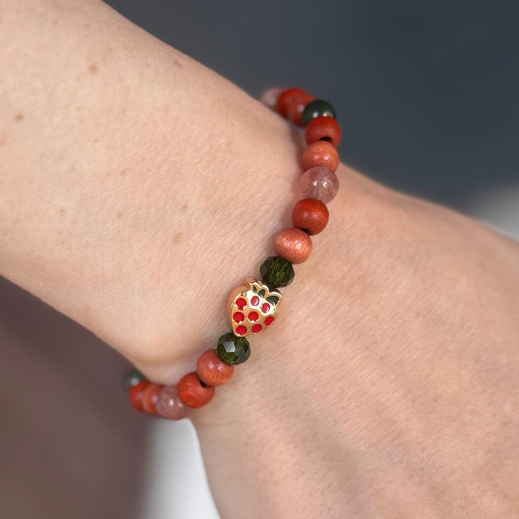 Strawberry Quartz Beaded Gemstone Bracelet w/ Strawberry Charm