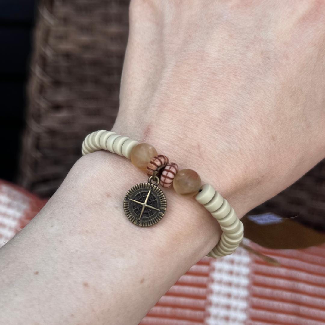 Citrine Gemstone Beaded Bracelet with Compass Charm