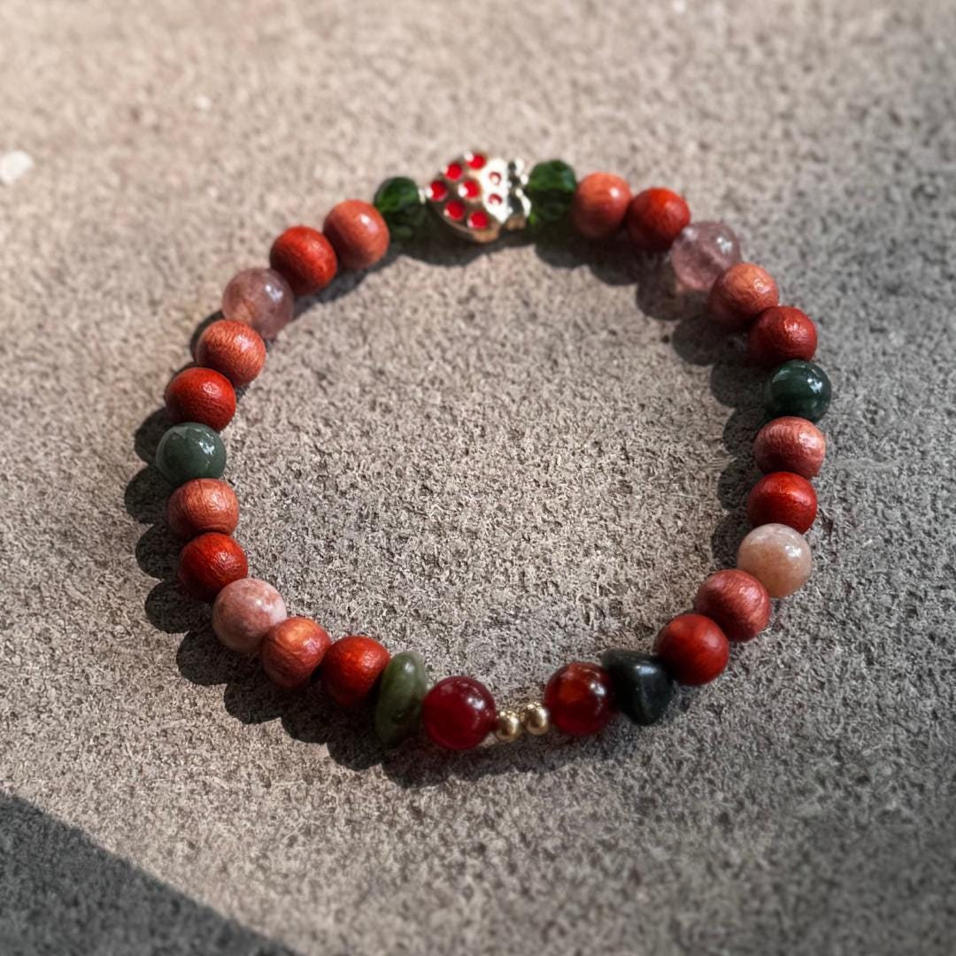 Strawberry Quartz Beaded Gemstone Bracelet w/ Strawberry Charm