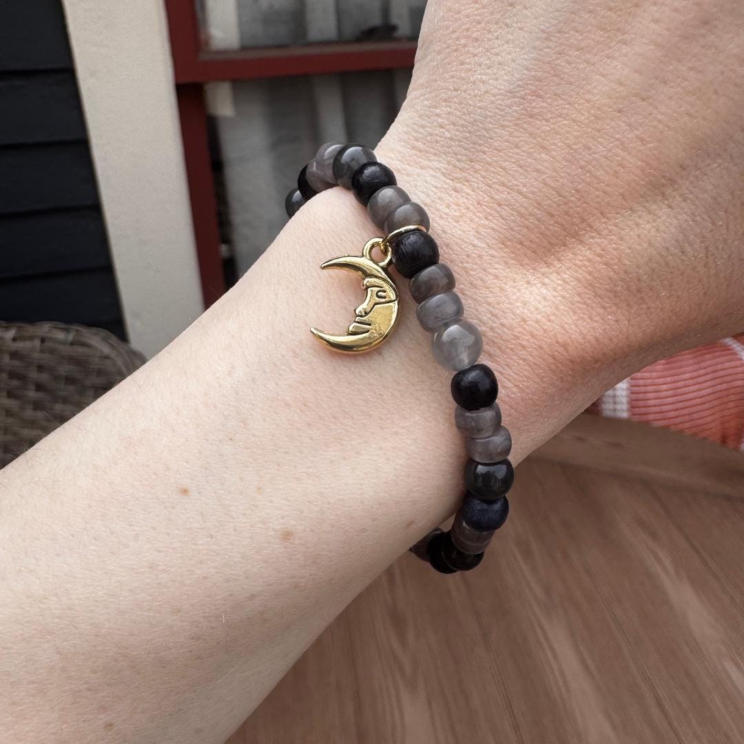 Cloudy Quartz Beaded Gemstone Bracelet with Moon Charm