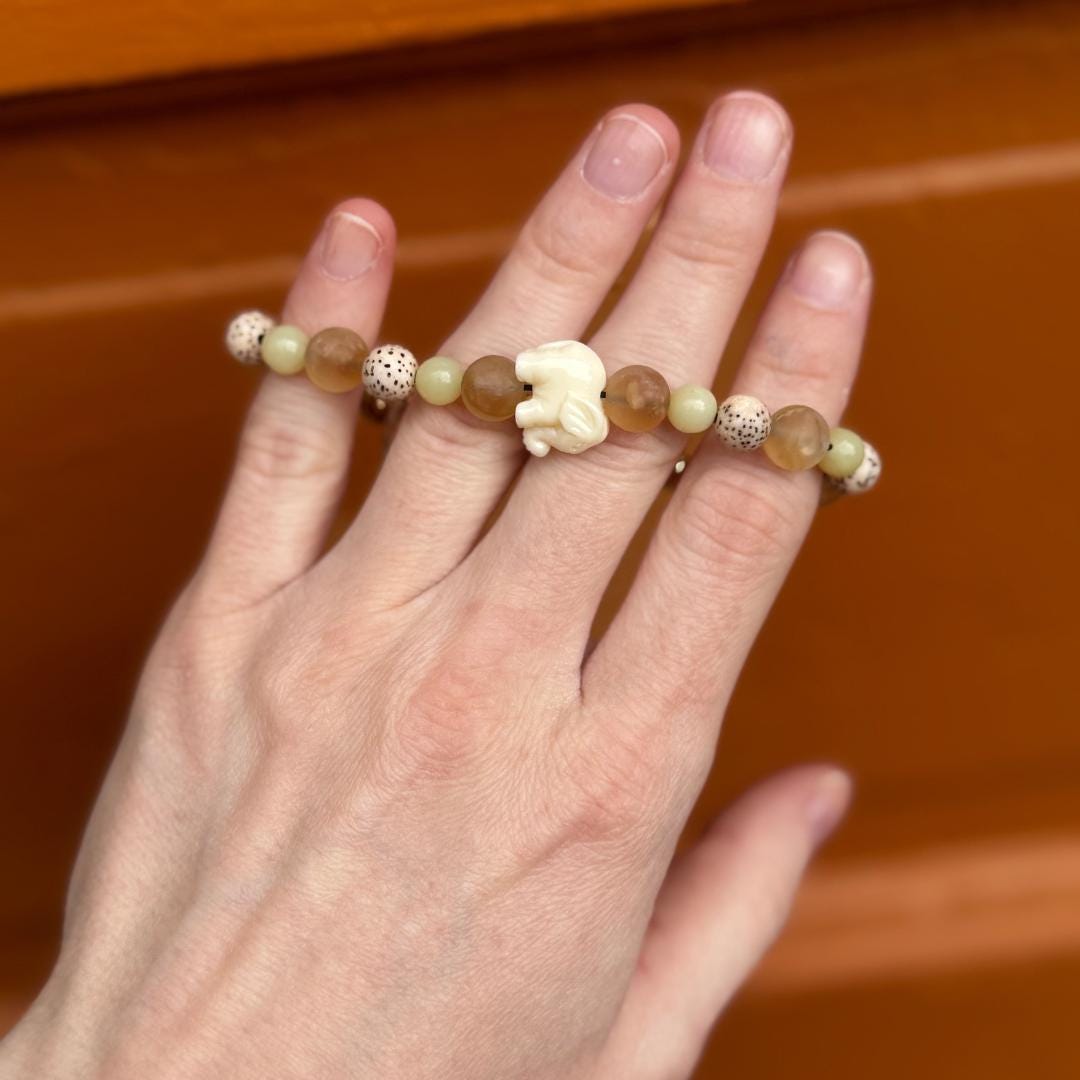 Citrine & Olive Jade Beaded Bracelet with Elephant Charm