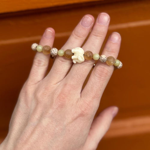 Citrine & Olive Jade Beaded Bracelet with Elephant Charm