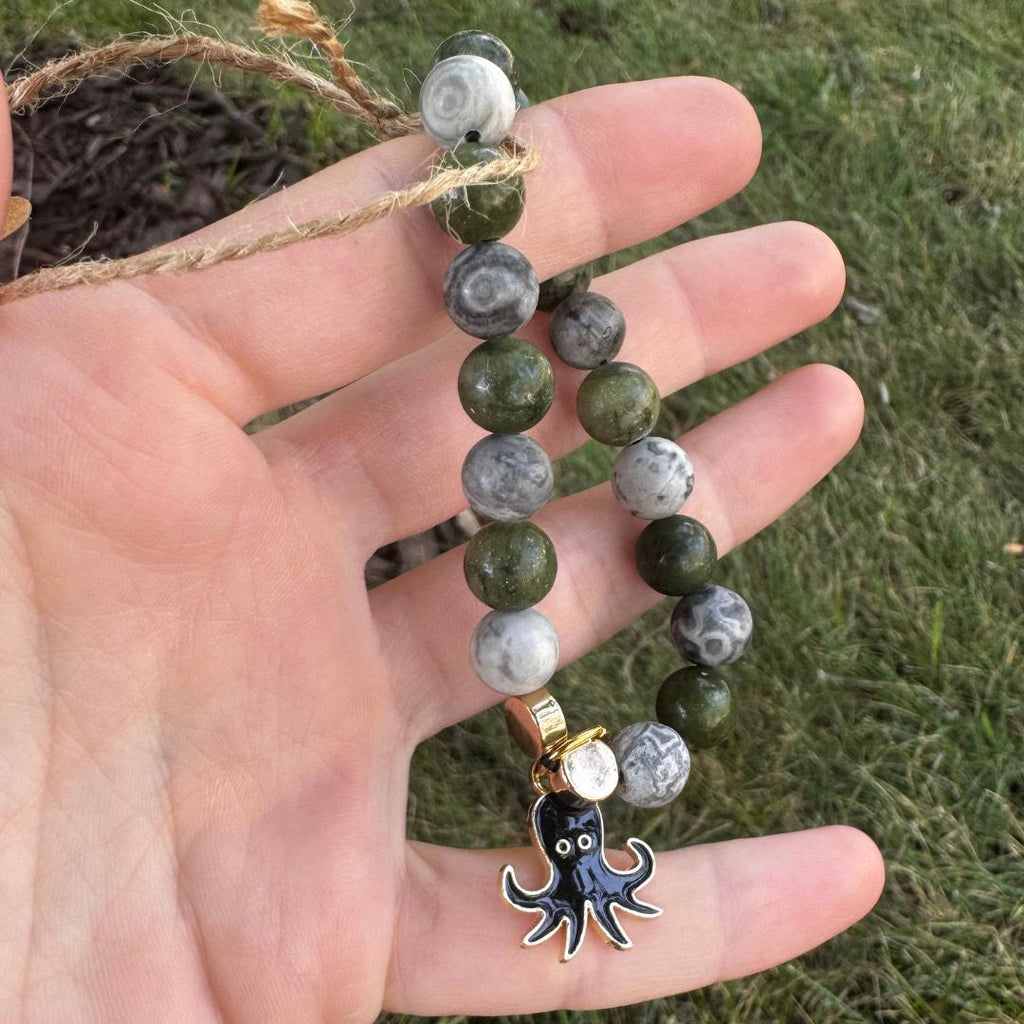 Serpentine & Aventurine Beaded Gemstone Bracelet w/ Squid Charm