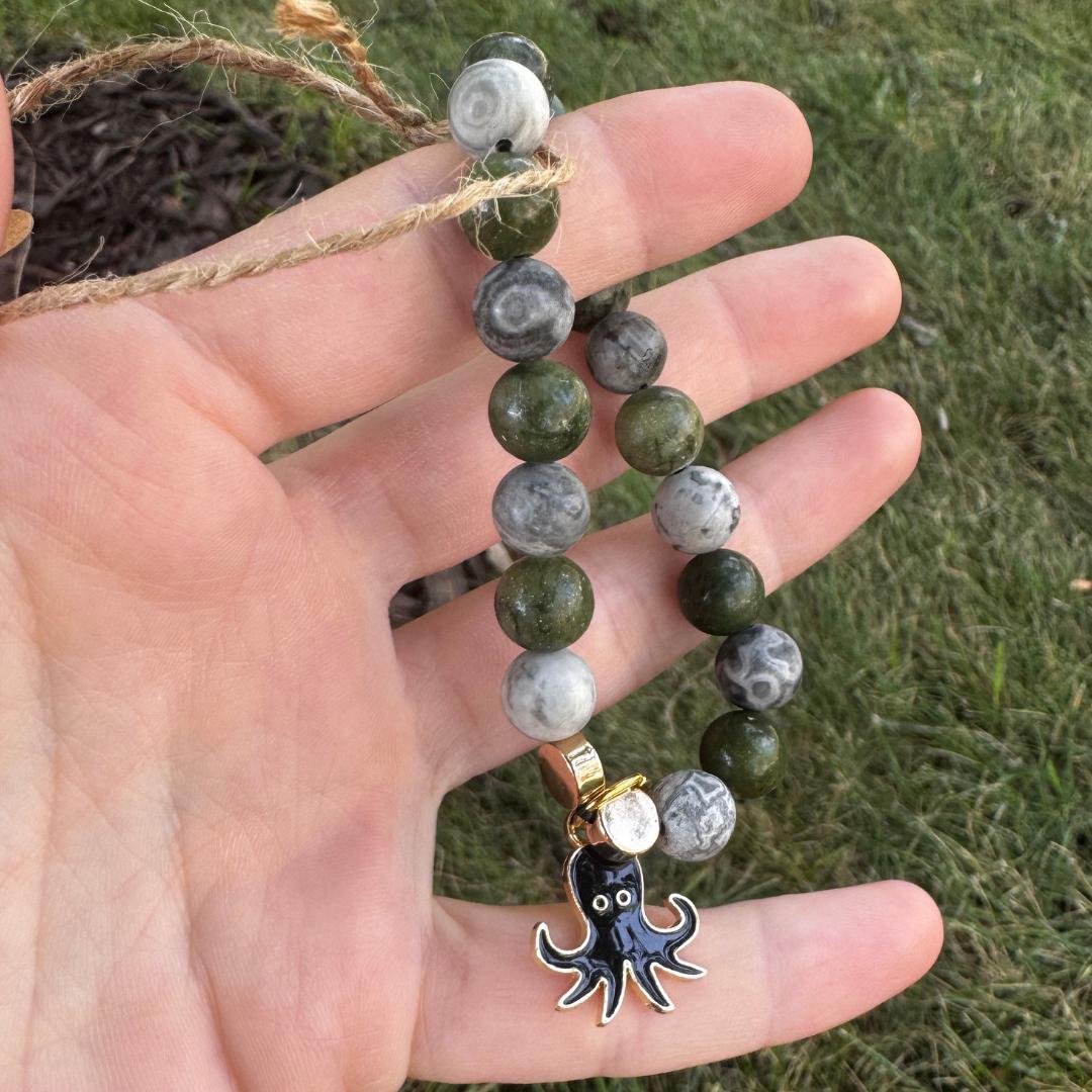 Serpentine & Aventurine Beaded Gemstone Bracelet w/ Squid Charm