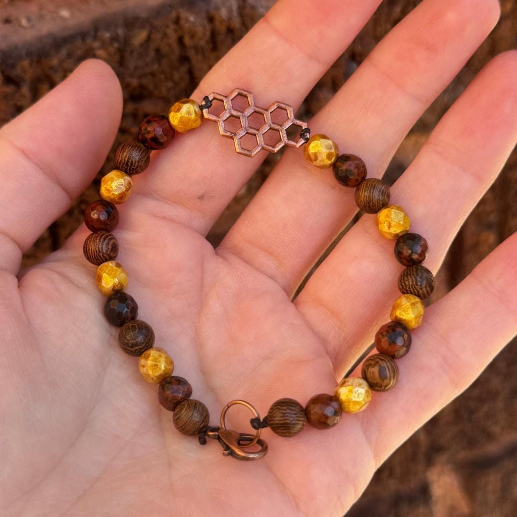Jasper Beaded Gemstone Bracelet with Honeycomb Charm