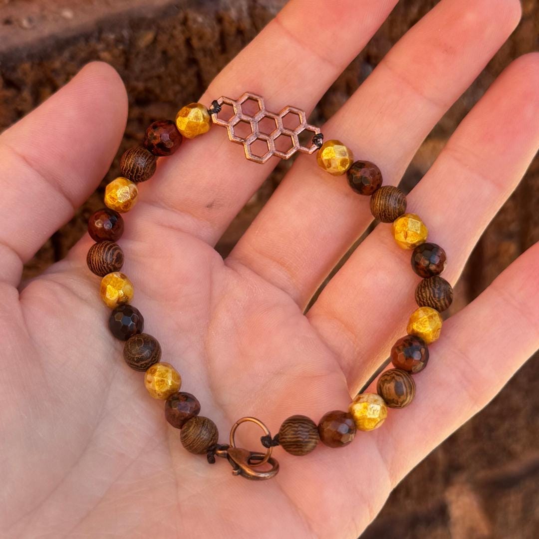 Jasper Beaded Gemstone Bracelet with Honeycomb Charm