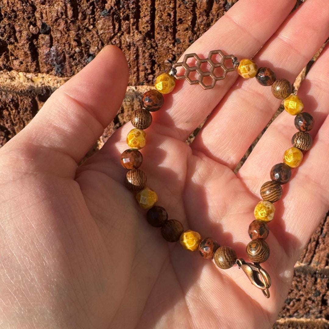 Jasper Beaded Gemstone Bracelet with Honeycomb Charm