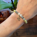 Kiwi Jasper, Seaweed Quartz & Jade Beaded Gemstone Bracelet with Leaf Charm