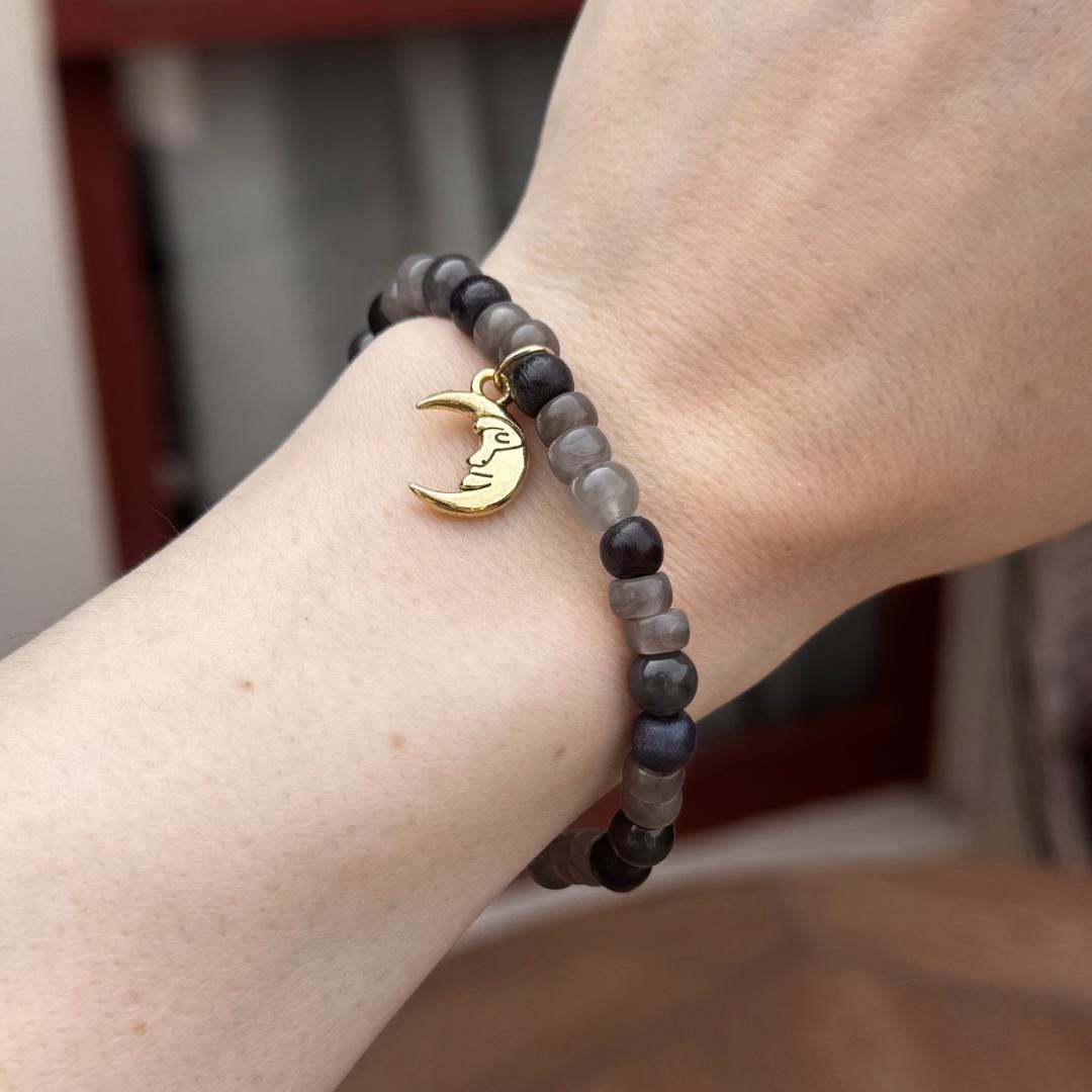 Cloudy Quartz Beaded Gemstone Bracelet with Moon Charm
