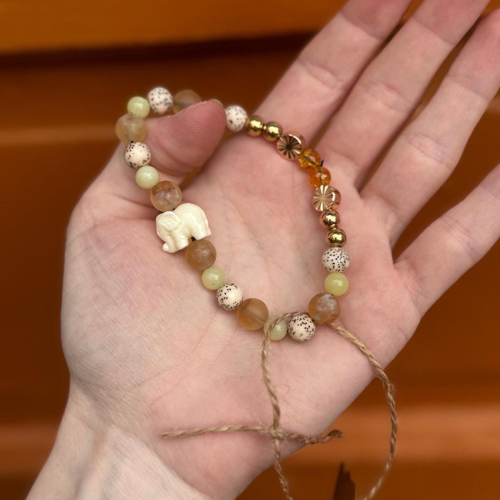 Citrine & Olive Jade Beaded Bracelet with Elephant Charm
