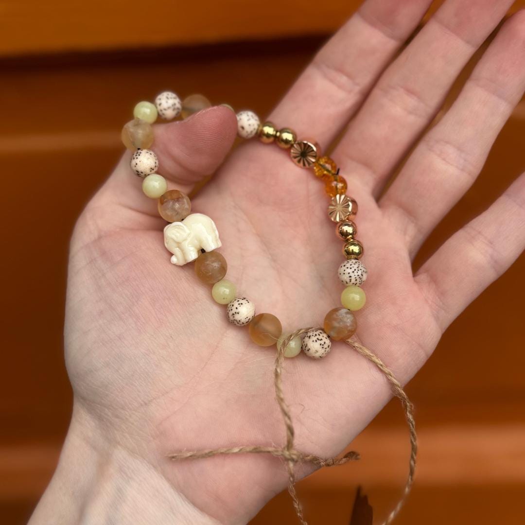 Citrine & Olive Jade Beaded Bracelet with Elephant Charm