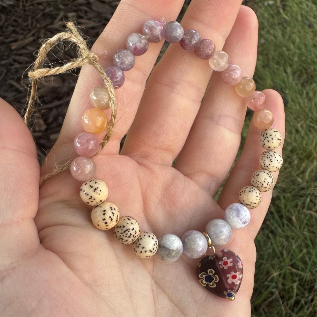 Purple Tiffany Jasper Beaded Gemstone Bracelet w/ Heart Charm