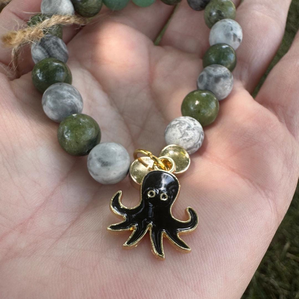 Serpentine & Aventurine Beaded Gemstone Bracelet w/ Squid Charm