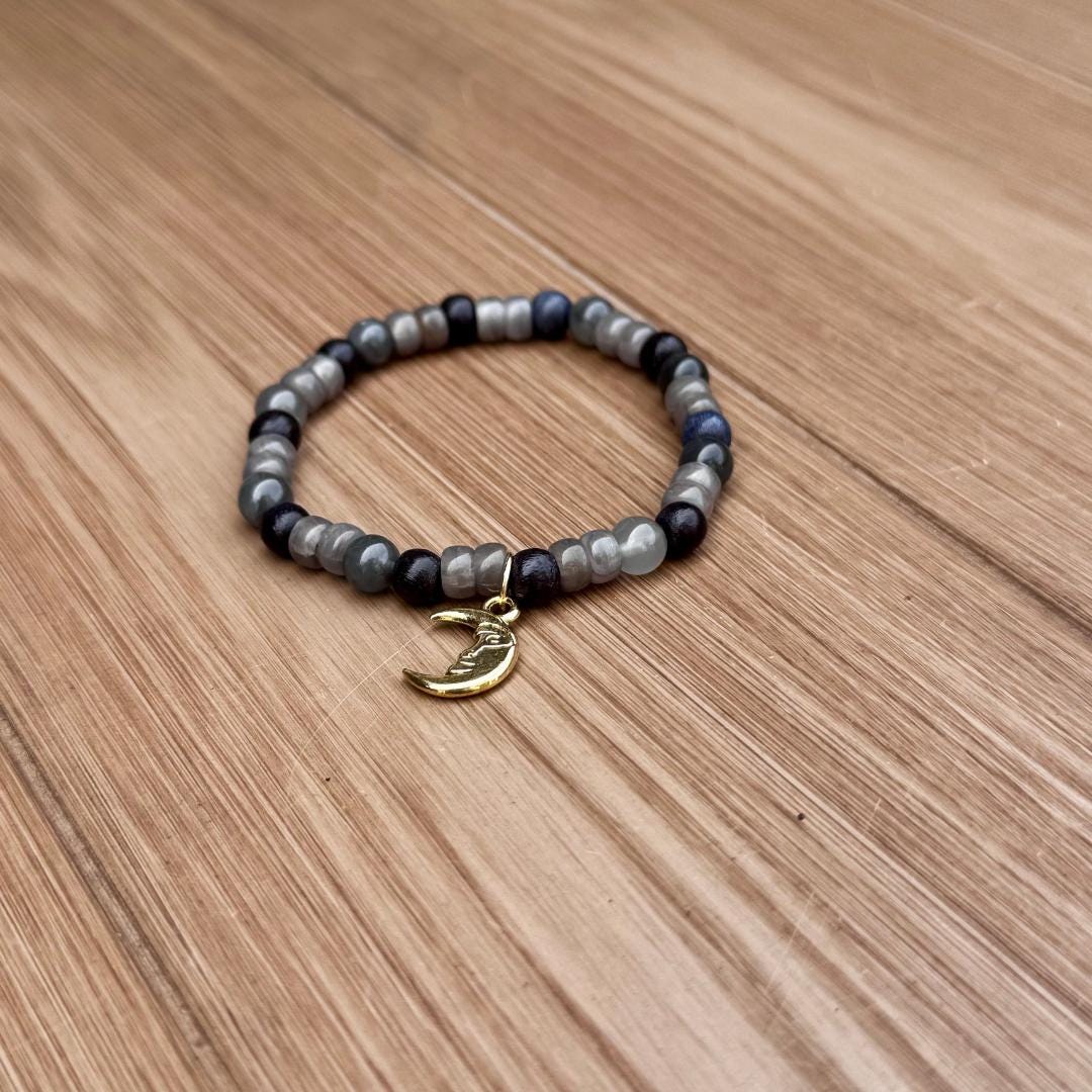Cloudy Quartz Beaded Gemstone Bracelet with Moon Charm