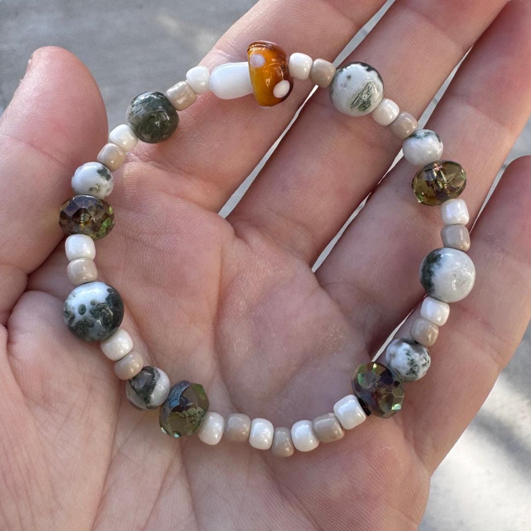 Mushroom Charm Tree Agate Beaded Gemstone Bracelet | 6.75 in.