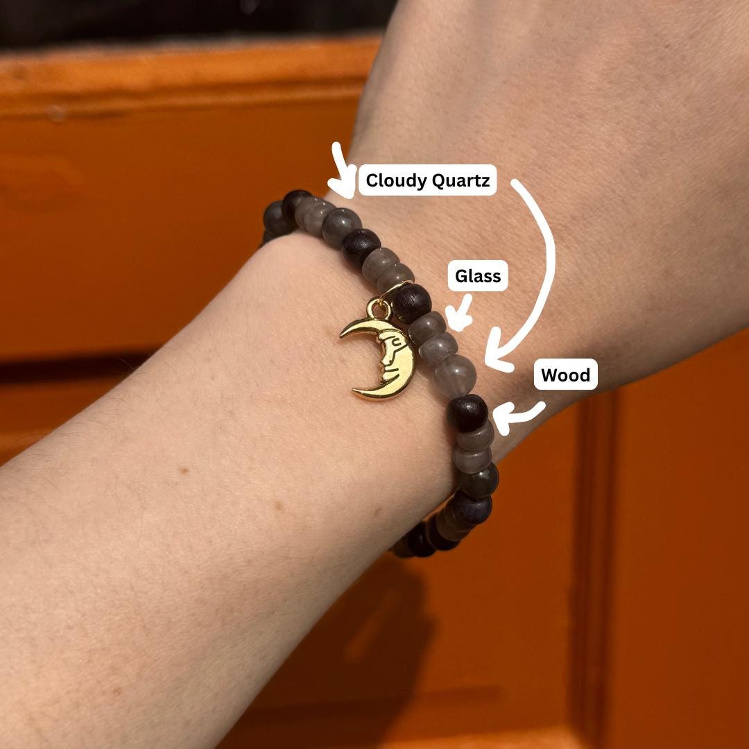 Cloudy Quartz Beaded Gemstone Bracelet with Moon Charm