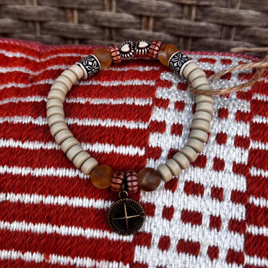 Citrine Gemstone Beaded Bracelet with Compass Charm