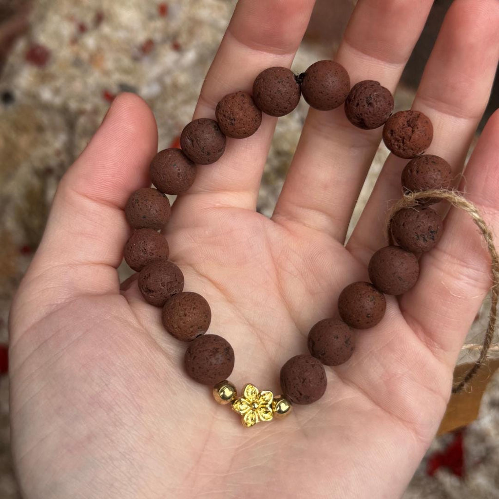 Lava Stone Beaded Bracelet with Flower Charm