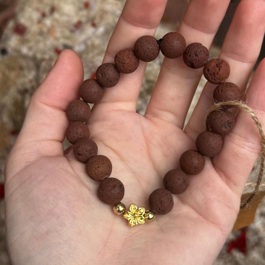 Lava Stone Beaded Bracelet with Flower Charm