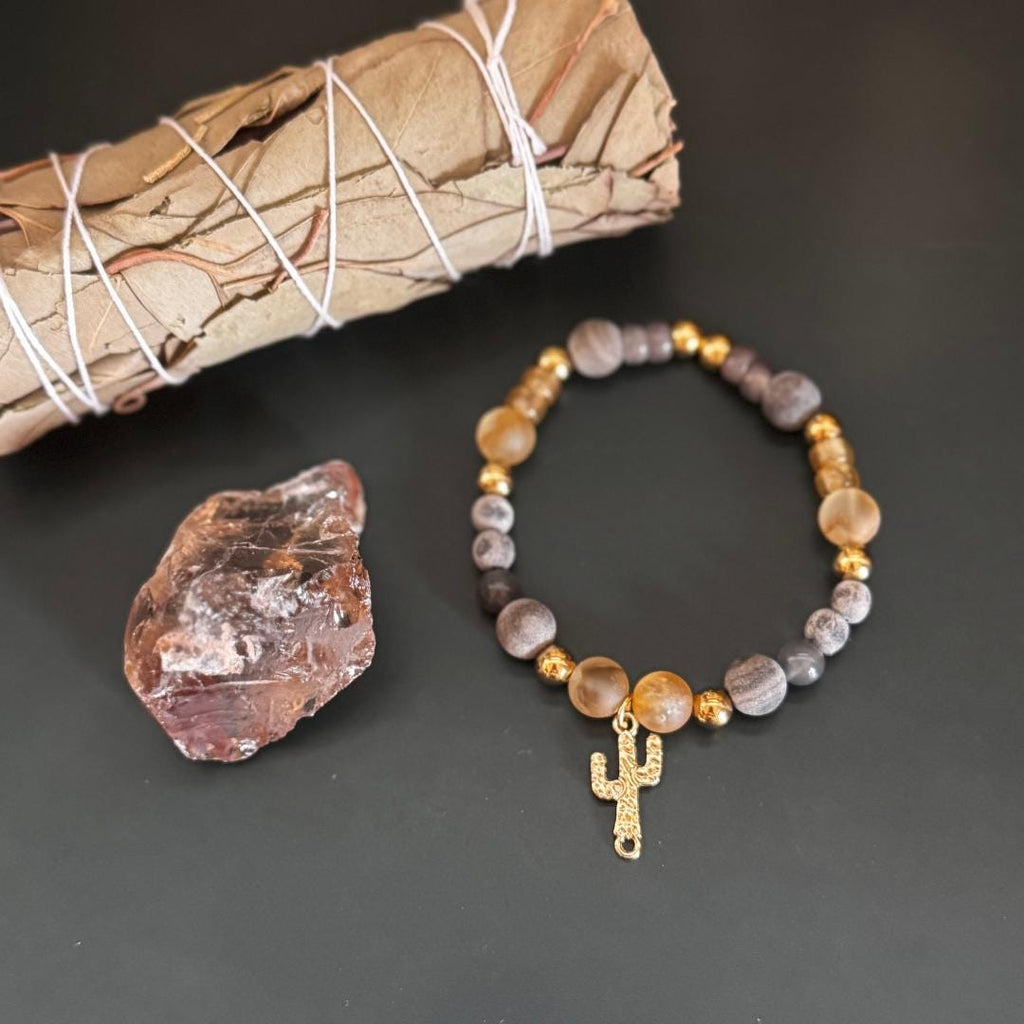 Citrine, Cappuccino Jasper & Cloudy Quartz Beaded Gemstone Bracelet with Cactus Charm