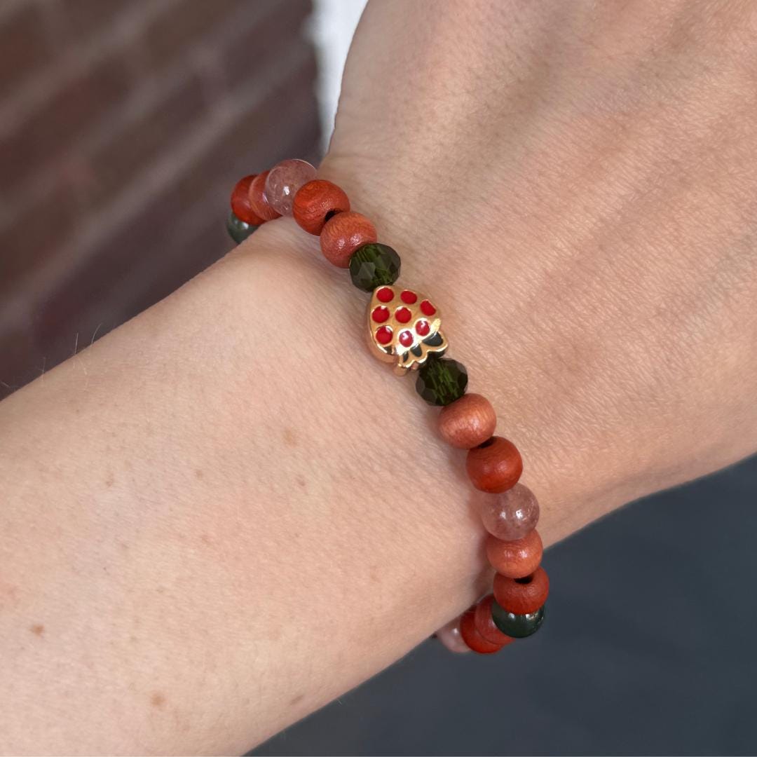 Strawberry Quartz Beaded Gemstone Bracelet w/ Strawberry Charm