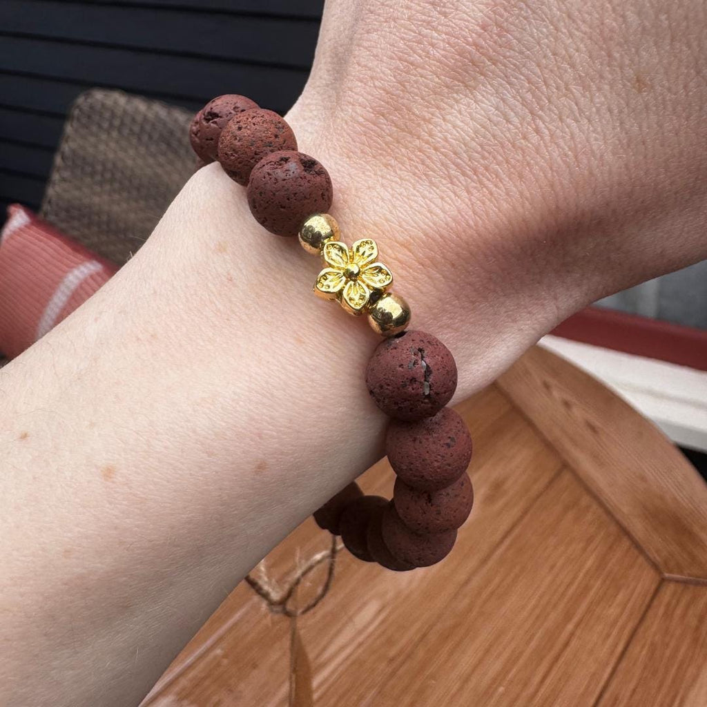 Lava Stone Beaded Bracelet with Flower Charm