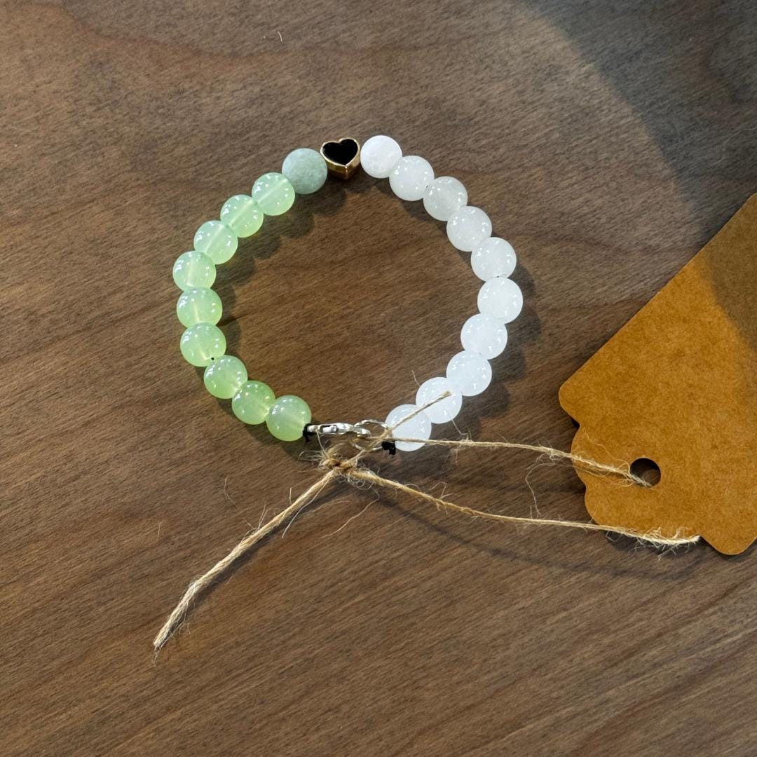 Snow Quartz & Green Aventurine Gemstone Bracelet with Heart Charm