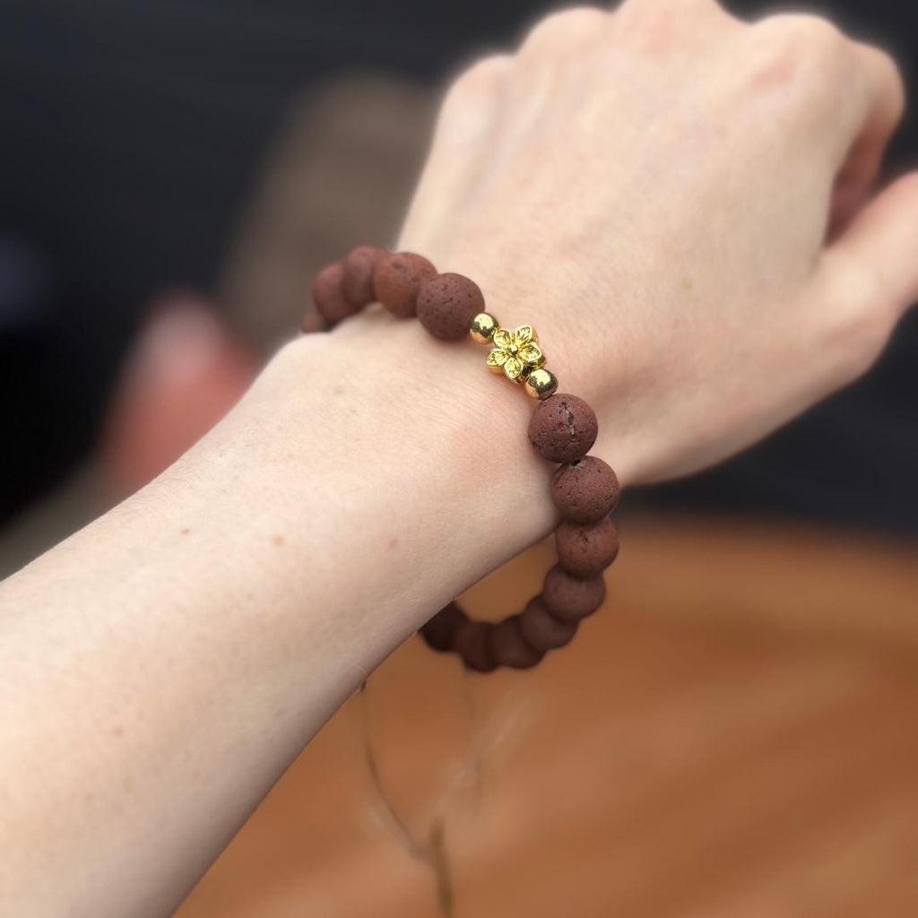 Lava Stone Beaded Bracelet with Flower Charm