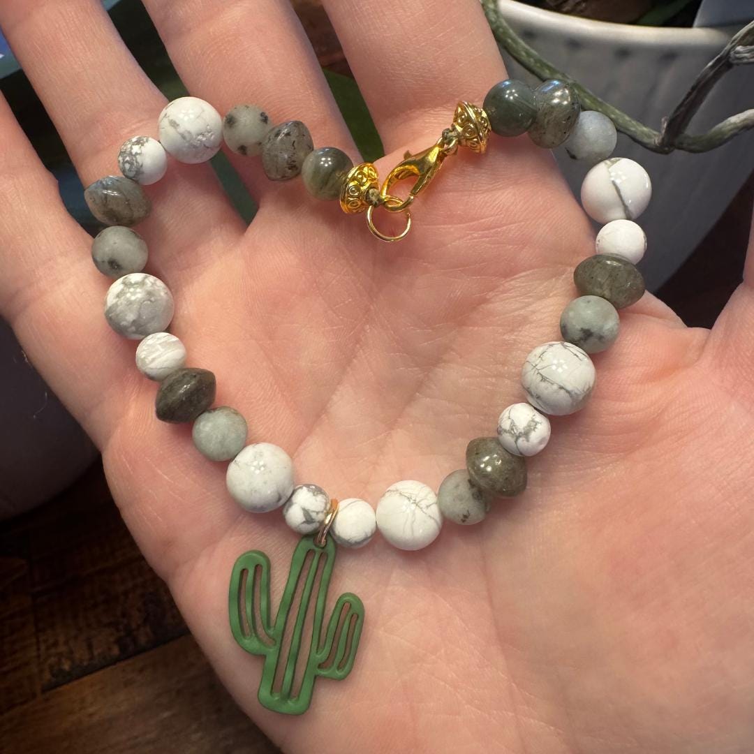 Howlite, Kiwi Jasper, Labradorite & Seaweed Quartz Beaded Gemstone Bracelet with Cactus Charm