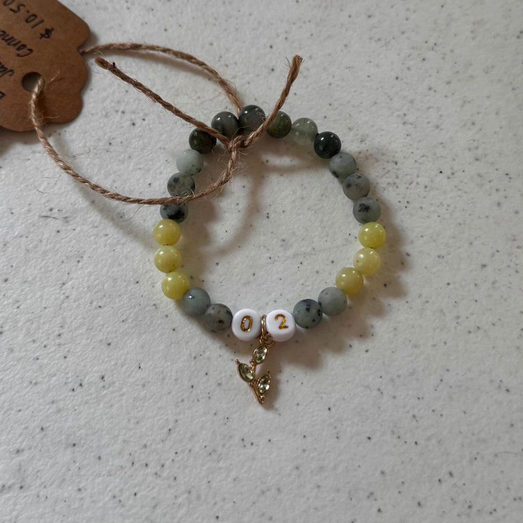 Kiwi Jasper, Seaweed Quartz & Jade Beaded Gemstone Bracelet with Leaf Charm