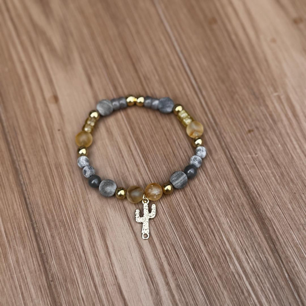 Citrine, Cappuccino Jasper & Cloudy Quartz Beaded Gemstone Bracelet with Cactus Charm