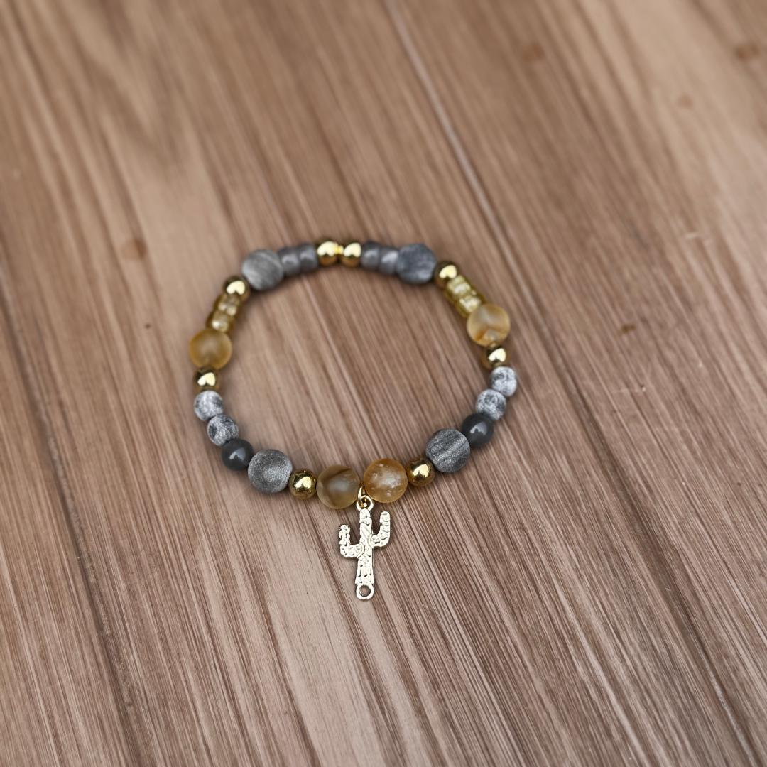 Citrine, Cappuccino Jasper & Cloudy Quartz Beaded Gemstone Bracelet with Cactus Charm