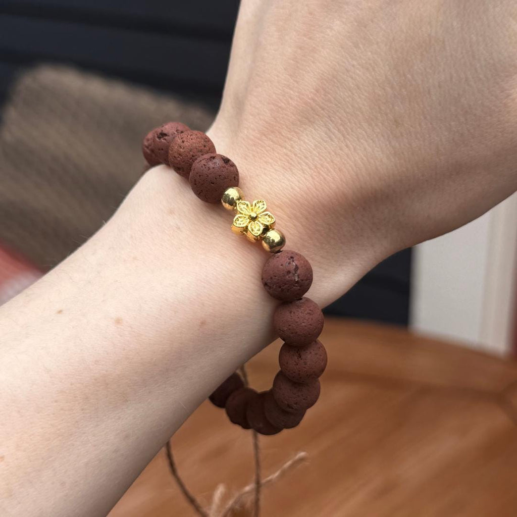 Lava Stone Beaded Bracelet with Flower Charm