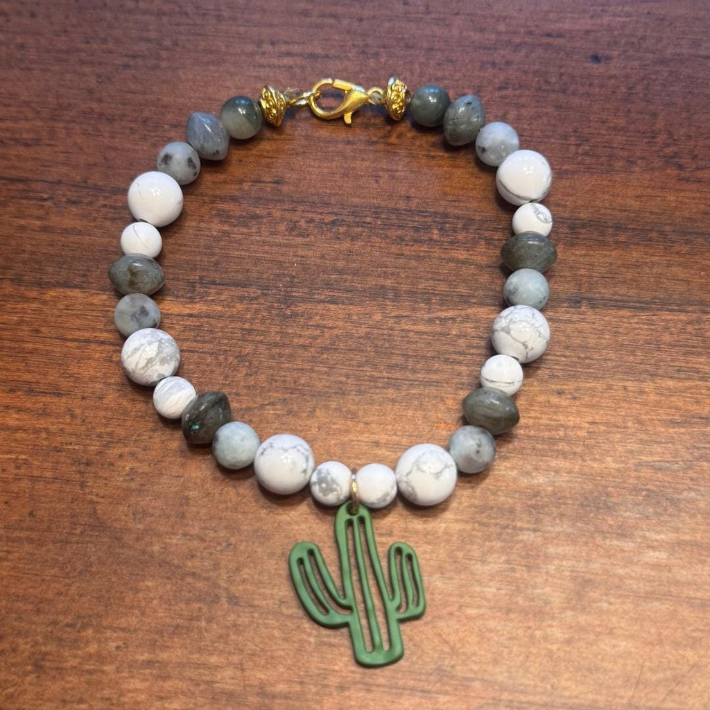 Howlite, Kiwi Jasper, Labradorite & Seaweed Quartz Beaded Gemstone Bracelet with Cactus Charm