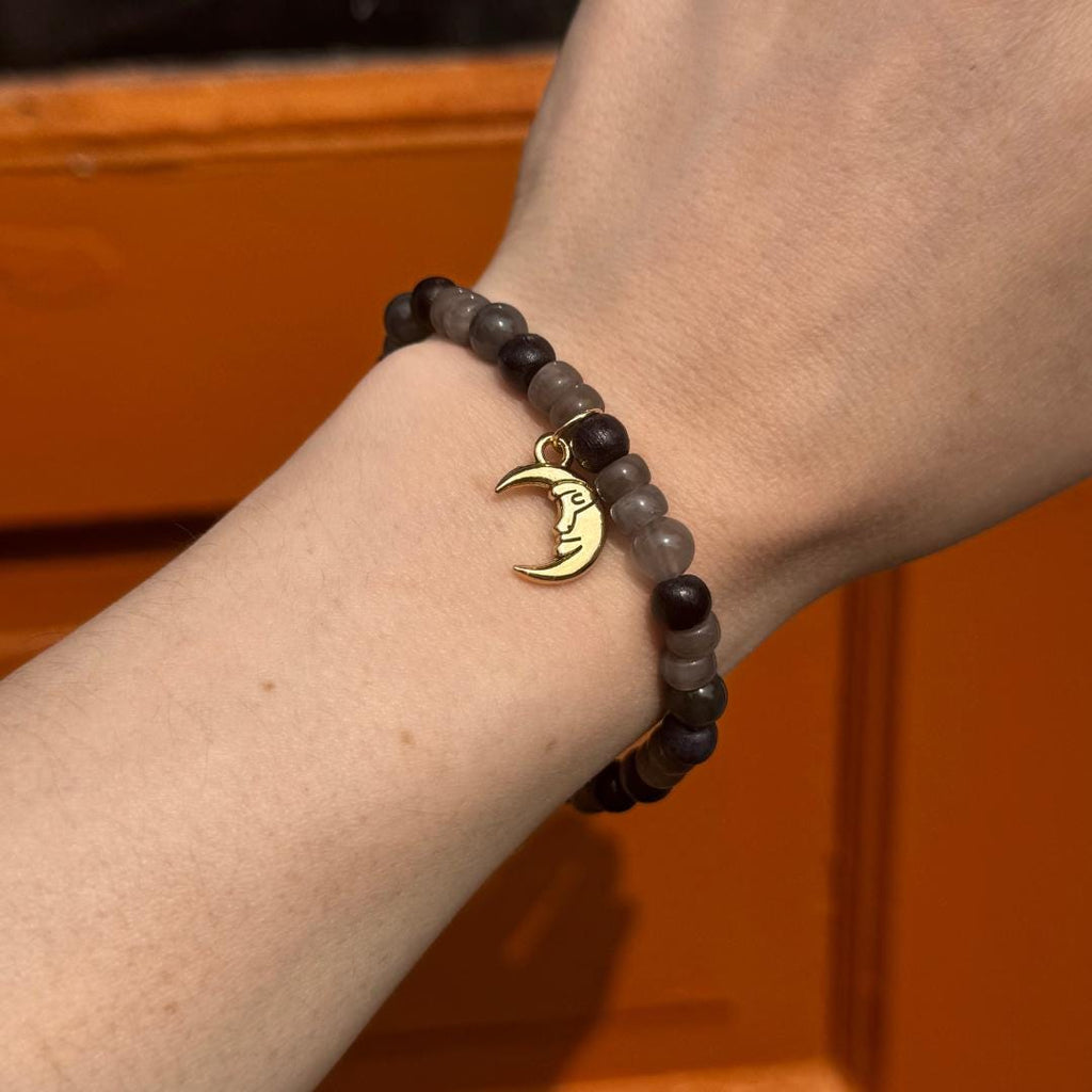 Cloudy Quartz Beaded Gemstone Bracelet with Moon Charm