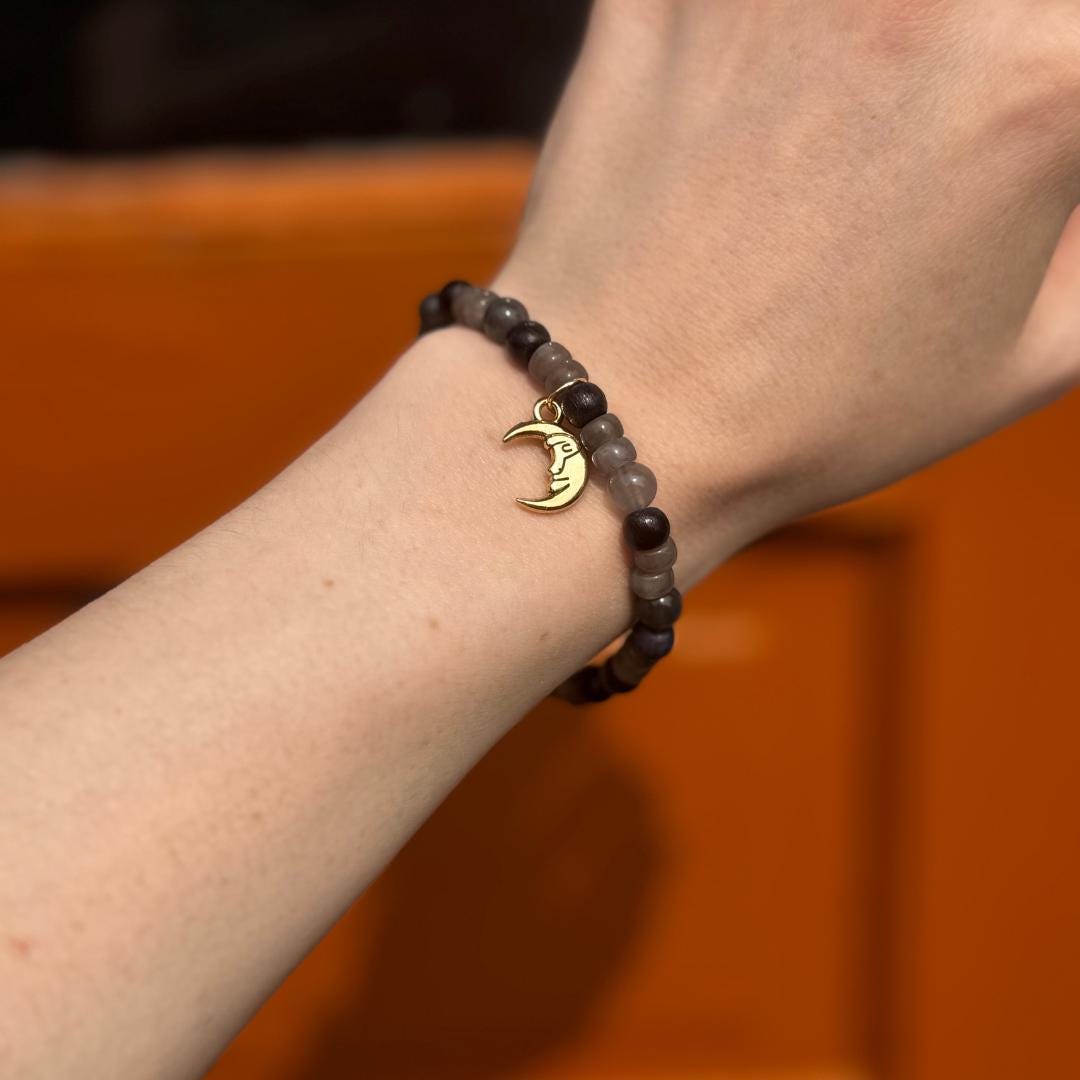 Cloudy Quartz Beaded Gemstone Bracelet with Moon Charm