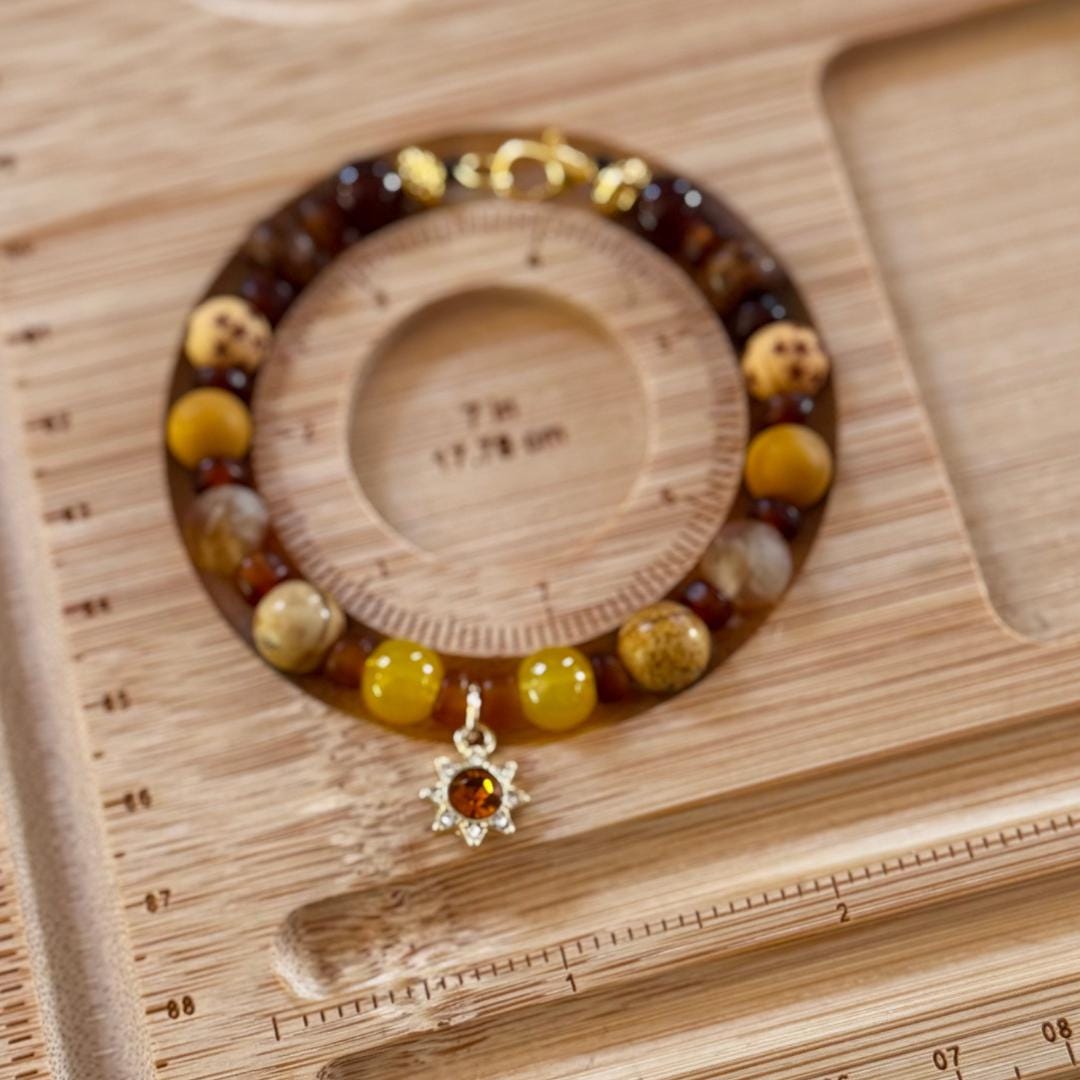 Citrine, Picture Jasper & Australian Mookaite Beaded Gemstone Bracelet with Sun Charm