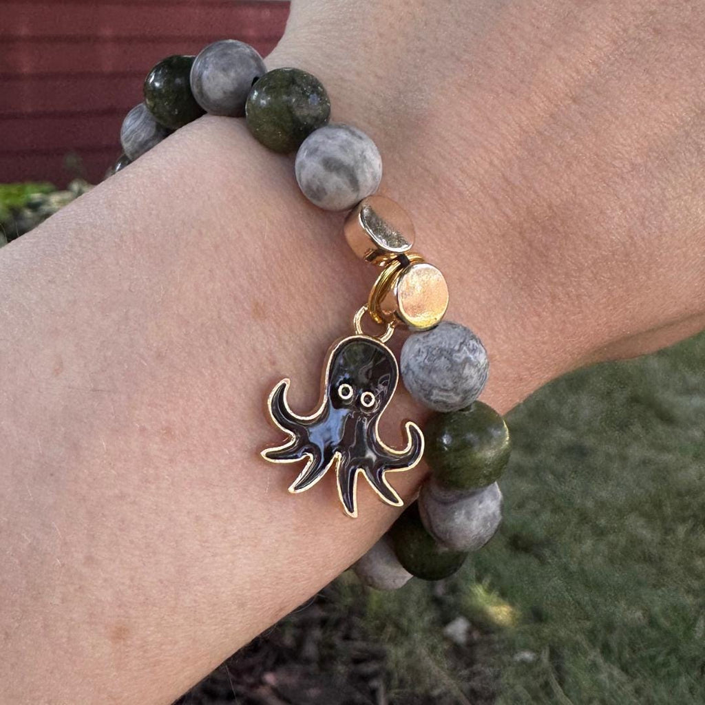 Serpentine & Aventurine Beaded Gemstone Bracelet w/ Squid Charm