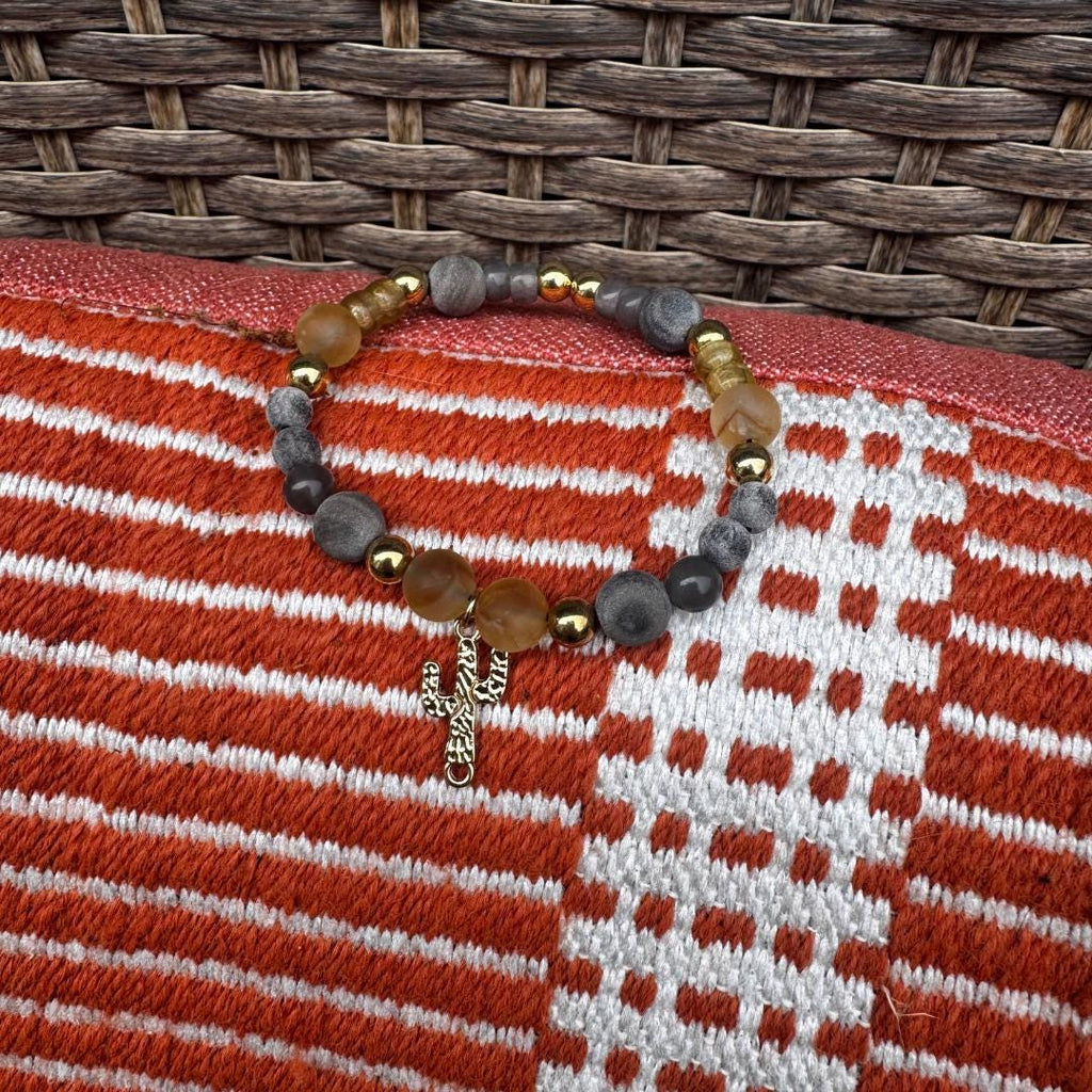 Citrine, Cappuccino Jasper & Cloudy Quartz Beaded Gemstone Bracelet with Cactus Charm