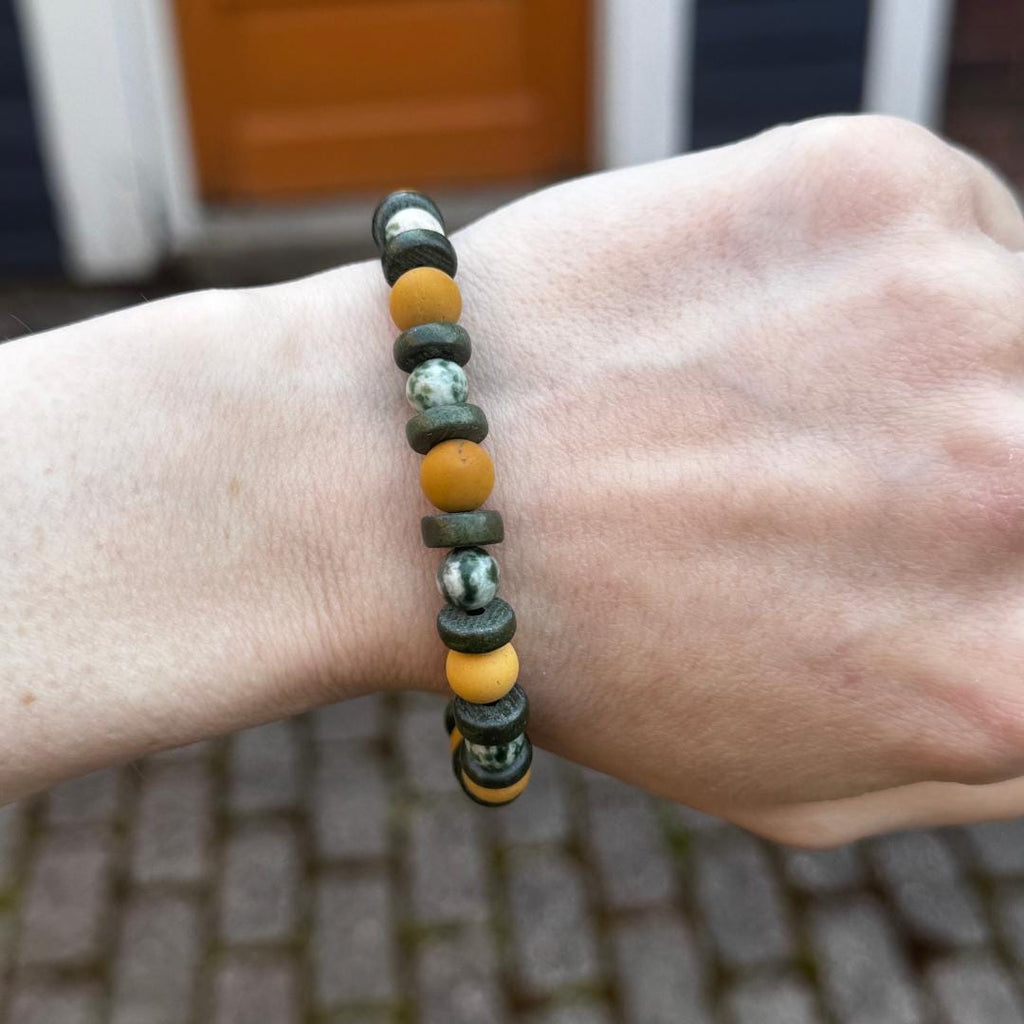 Green Tree Agate & Australian Yellow Mookaite Gemstone Beaded Bracelet