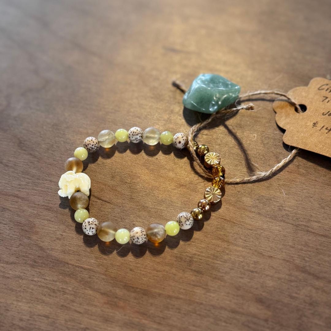 Citrine & Olive Jade Beaded Bracelet with Elephant Charm