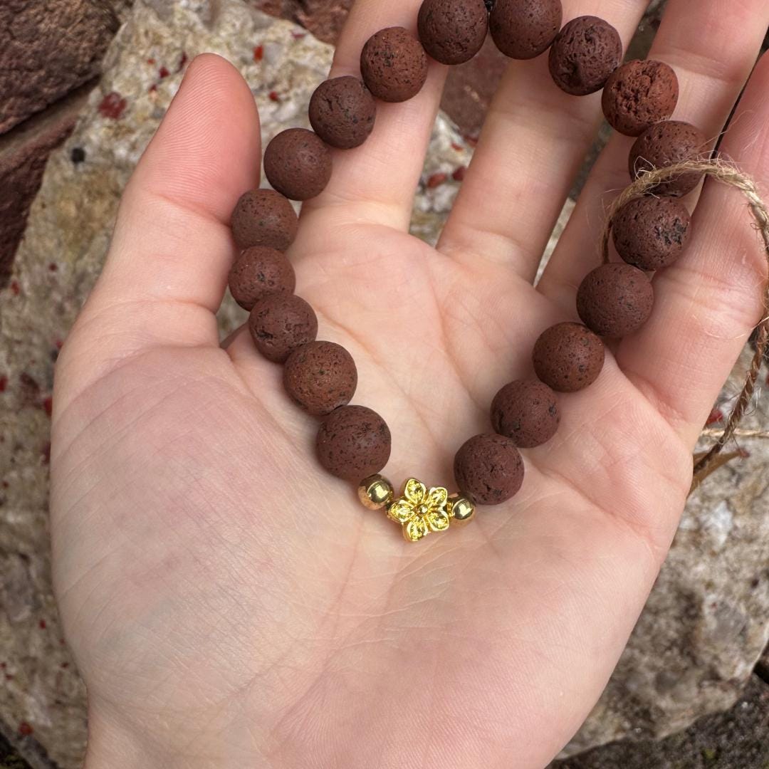 Lava Stone Beaded Bracelet with Flower Charm