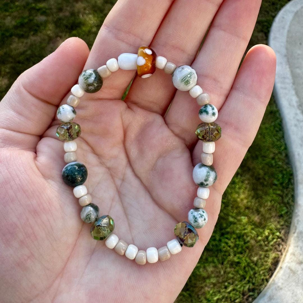 Mushroom Charm Tree Agate Beaded Gemstone Bracelet | 6.75 in.