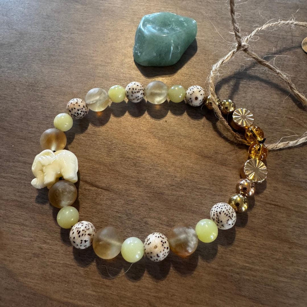Citrine & Olive Jade Beaded Bracelet with Elephant Charm