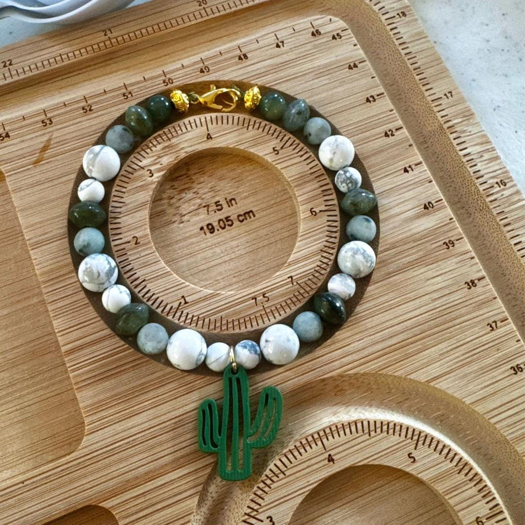 Howlite, Kiwi Jasper, Labradorite & Seaweed Quartz Beaded Gemstone Bracelet with Cactus Charm